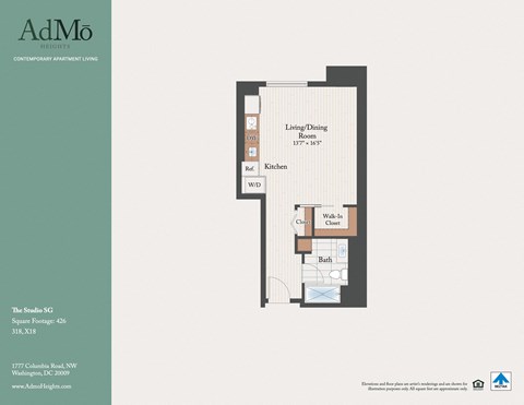 Floor plan for studio, 1 bath, 426 sqft
